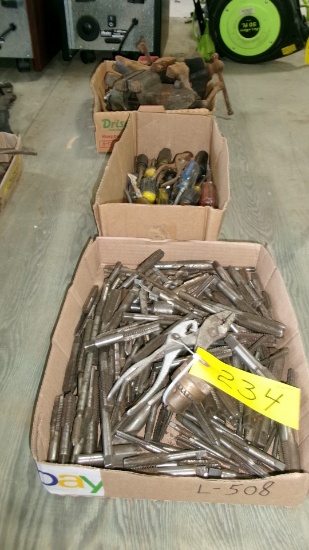 3-VISES -1 OK, 1 w/ bad jaw, & 1 w / no handle, BOX OF TAPS & PLIERS,SCREW DRIVERS, +