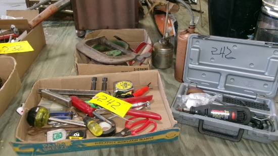 HAY HOOK, #8 C CLAMP, LEATHER PUNCH, 3 TAPES, ALLEN WRENCHES, OIL CANS, & DREMEL