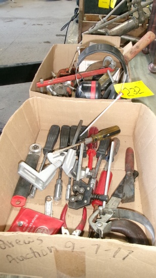 FLARING TOOLS, EAR MUFFS, SMALL SYTHE, PIPE CUTTER, BOX OF NIPPLE WATERERS, NUT DRIVERS,
