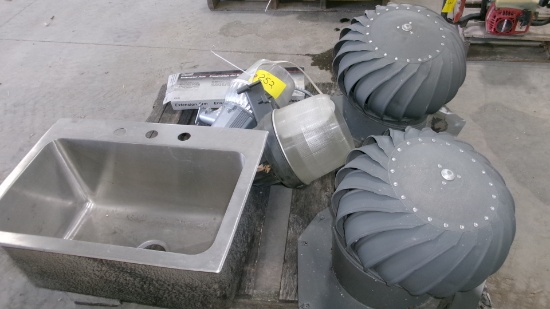2-SECURITY LIGHTS, TRASH BAG CART, & UNUSED ALUMINUM SINK, &  2 TURBINE VENTS