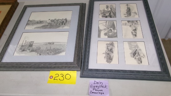 VINTAGE FRAMED FARM DRAWINGS  by Don Grey tak