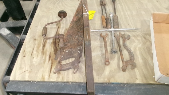 BRACE & BIT, 3 SOLDERING IRONS, 2- FORD WRENCHES, HAND SAW, SOLDERING IRONS, 4 WAY TIRE WRENCH