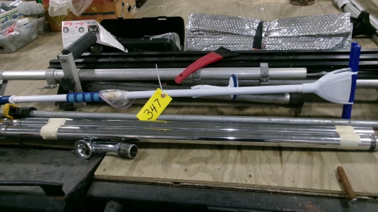 PICK UP BOX RAILS, PIPE CLAMP, MITER SAW STAND, UNUSED CABLE CHAINS FOR CAR OR PICKUP