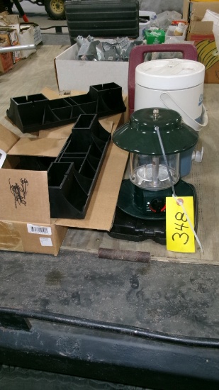 COLEMAN PROPANE LANTERN, THERMOS, 2-HARDWARE KITS FOR FIREWOOD RACKS