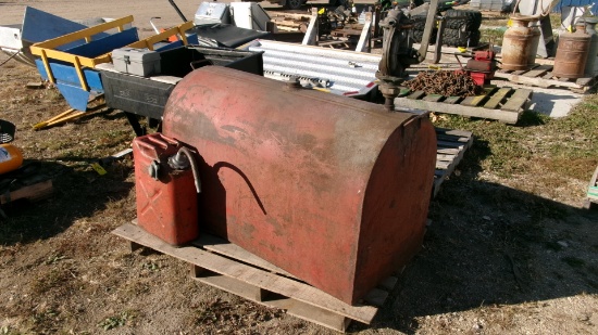 100+ GALLON SERVICE TANK  w/  manual pump & 5 GALLON GERRY CAN