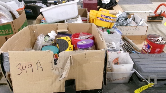 SEVERAL BOXES OF SCREW, NAILS, FASTENERS, MASONRY DRILLS, JOIST HANGERS, DRILL BITS