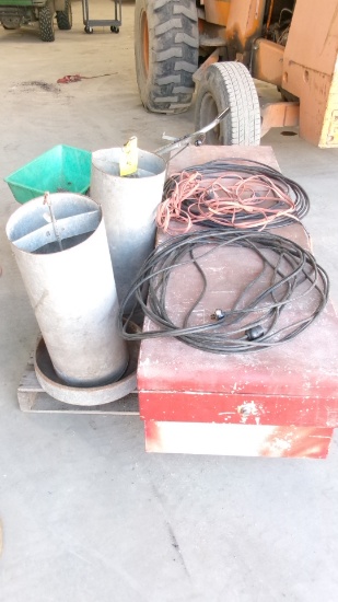 2-CHICKEN FEEDERS, PICKUP TOOL BOX, LAWN SPREADER, & 4 EXT. CORDS, BACK BOARD