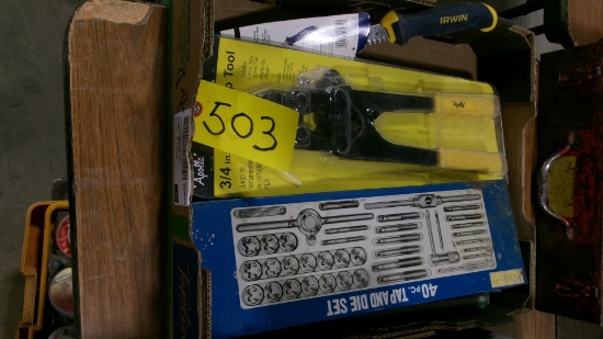 40 PC. TAP & DIE SET, CRIMPING TOOL, SHEET METAL CRIMPER, KNIFE & SCRAPER SET, DRY WALL SAW, &