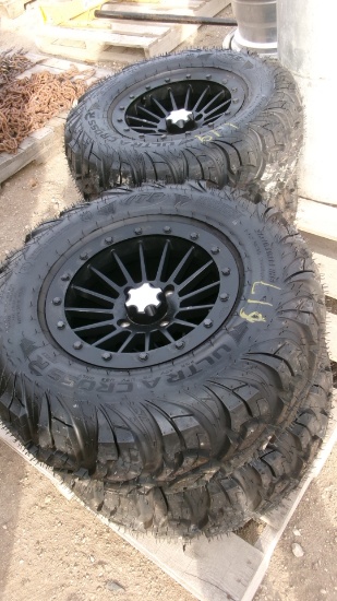 4- 27 X 10.00 X R14 ATV TIRES  on 4 bolt rims (Arctic Cat,   Ranger, or golf cart,  unused