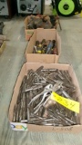 3-VISES -1 OK, 1 w/ bad jaw, & 1 w / no handle, BOX OF TAPS & PLIERS,SCREW DRIVERS, +