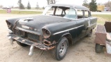 1955 CHEV. 4 DOOR, no motor or tranny, all chrome  & hood ornament in tact, extra parts, no title,