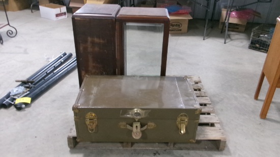 2 GLASS DISPLAY CABINETS w/ glass shelves and keys; old trunk,  (keys for trunk in office)
