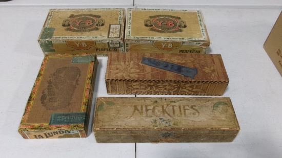 2-TIE BOXES, 3-CIGAR BOXES, OLD GLASSES, HAT PINS, TIE CLASP, COMPACT,5- BALL LIDS,  +