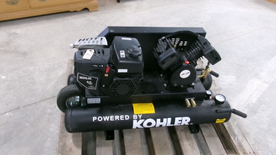KOHLER 6 1 /2 H.P. TWIN CYLINDER GAS PORTABLE AIR COMPRESSOR, 125 PSI, hardly used-like new