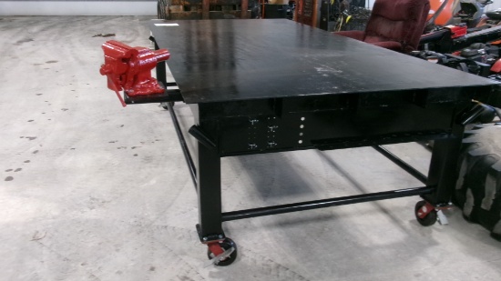 NEW 10' X 5' WELDING TABLE, 1/4" top, removable vise, 3,000# casters, removable hammer & pry bar