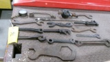 BOX OF OLD WRENCHES, 3-LEAD SMELTING LADLES, DRAW KNIFE. OLD WRENCHES