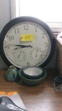 WALL CLOCK w/ humidity & temp guages, 2 POTTERY BOWLS & VASE