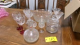 COVERED GLASS CONTAINER, WINE GLASSES, & BOWL