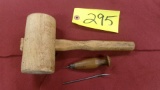 WOOD MALLET, LEATHER NEEDLE & LEATHER AWL PUNCH