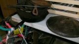 CAST IRON SKILLET, 2- FRYING PANS, DUTCH OVEN, & COVERED PAN