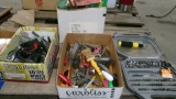 SCREW DRIVER BIT SET, 4-NEW BOOSTER CABLE CLAMPS, POP RIVITER, BOX CUTTERS, STABLERS & MISC. TOOLS