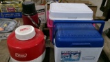 THERMOS COFFEE JUG, COLEMAN WATER JUG, & 2 RUBBERMAID ICE CHESTS