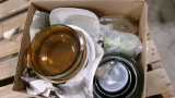 BOX OF GLASS SERVING PIECES & BOX OF TUPPERWARE