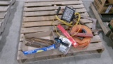 TIRE WRENCH, EXTENSION CORD, 2 SQUARES, MINI HACKSAW, BOX OF FILES,CHISELS, SHOP LIGHT,GRINDER WHEEL