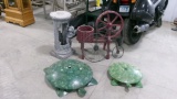 SPINNING WHEEL / WELL  PLANTER, BICYCLE DECORATION  & 2 HANDCRAFTED METAL TURTLES