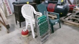 3-FOLDING LAWN CHAIRS, COLEMAN WATER JUG, 3- RESIN LAWN CHAIRS