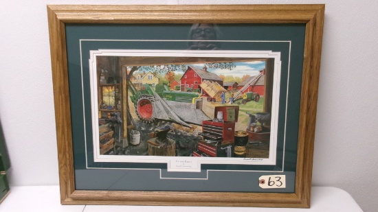 "HARVEST REPAIR" BY Russell Sonnenberg (signed) 27" x 21" oak frame