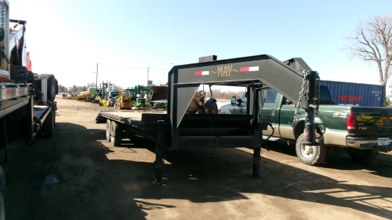 102" X 25' MAY GOOSE NECK TANDEM AXLE FLATBED TRAILER, 5' beaver tail, fold up ramps,