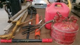 POST POUNDER, 2 FENCING TOOLS, 2 GAS JUGS, & POST HOLE DIGGER