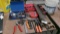 SMALL SQUARES, OL FILTER WRENCH, POP RIVET WRENCH, VISE GRIPS, 100' TAPE. LEVELS, BACK SAW, SQUARE,+