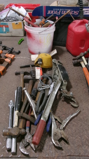 CABLE HOIST, PLIERS, HAMMERS, 1/2" BREAKER & RACHET, PAIL OF SMALL CLAMPS, & SLAG CHIPPERS