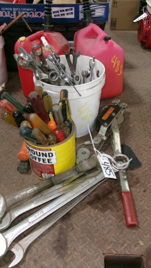 MANY COMBINATION & BOX END WRENCHES, CABLE HOIST,, SCREWDRIVERS, & 2-2 GALLON JUGS