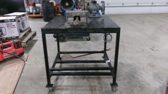 38" x 38" CASTERED STEEL TABLE w / LARGE VISE, 120 VOLT PLUG IN,  excellent cond.