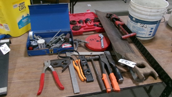SMALL SQUARES, OL FILTER WRENCH, POP RIVET WRENCH, VISE GRIPS, 100' TAPE. LEVELS, BACK SAW, SQUARE,+