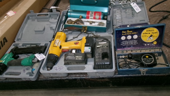 14.4 VOLT CHICAGO w / 2 batteries & charger, PROPANE TORCH, CORDED VIBRA TOOL, GRIZZLY AIR STABLER +