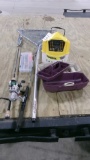 MINNOW BUCKET, 2-TACKLE BOXES w / gear, SHAKESPEAR BAIT CAST ROD, DAIWA SPINNNIG ROD,+
