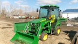 2021 JOHN DEERE 1025R MFWD  SUB COMPACT TRACTOR, w /  120 R LOADER,  hydro, cab, heater,  3 pt..+