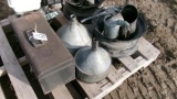 TOOL BOX, 2 RIMS, OIL CANS, FUNNELS