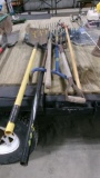 SHOVEL, 2 WEED WEASELS, LEAF RAKE, 10 TINE FORK & POTATO FORK