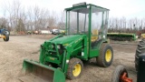 2004 JOHN DEERE 4115 SUB COMPACT MFWD TRACTOR w / 410 LOADER, home made enclosed cab, heater, +