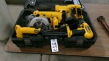 DEWALT 18 VOLT CORDLESS SET: DRILL, SAWZ ALL, CIRCULAR SAW, LIGHT, 2 BATTERIES CHARGER & 18 V - 20V+