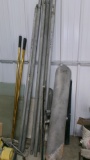3 & 4' BULL FLOATS, BROOMS, & PAIL OF TROWELS / SMALLER CONCRETE TOOLS, 2 CONCRETE RAKES