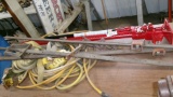 AIR HOSE, 3 BAR CLAMPS,4-RACHET STRAPS, HANDY MAN JACK, & 2 CHAIN BINDERS