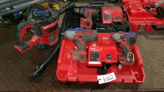 MILWAUKEE M18 COMPACT VACUUM, I/2" IMPACT, 2 CHARGERS, IMPACT DRIVER & 1/2" DRILL