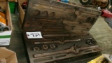 PARTIAL TAP & DIE SET, 3 BLOW TORCHES & BOX OF ANTIQUE WRENCHES