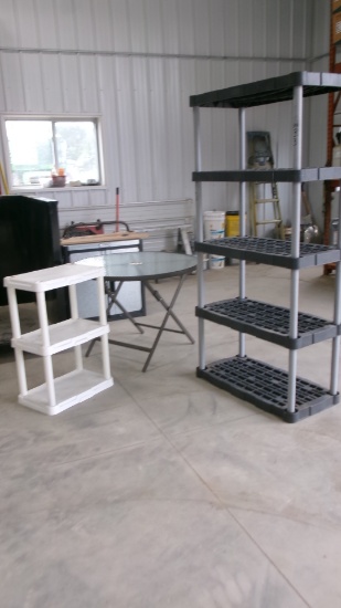 40" PATIO TABLE, 18" X  34" X 6'  5 LEVEL SHELF, & 13" X 22" 3 TIER SHELF